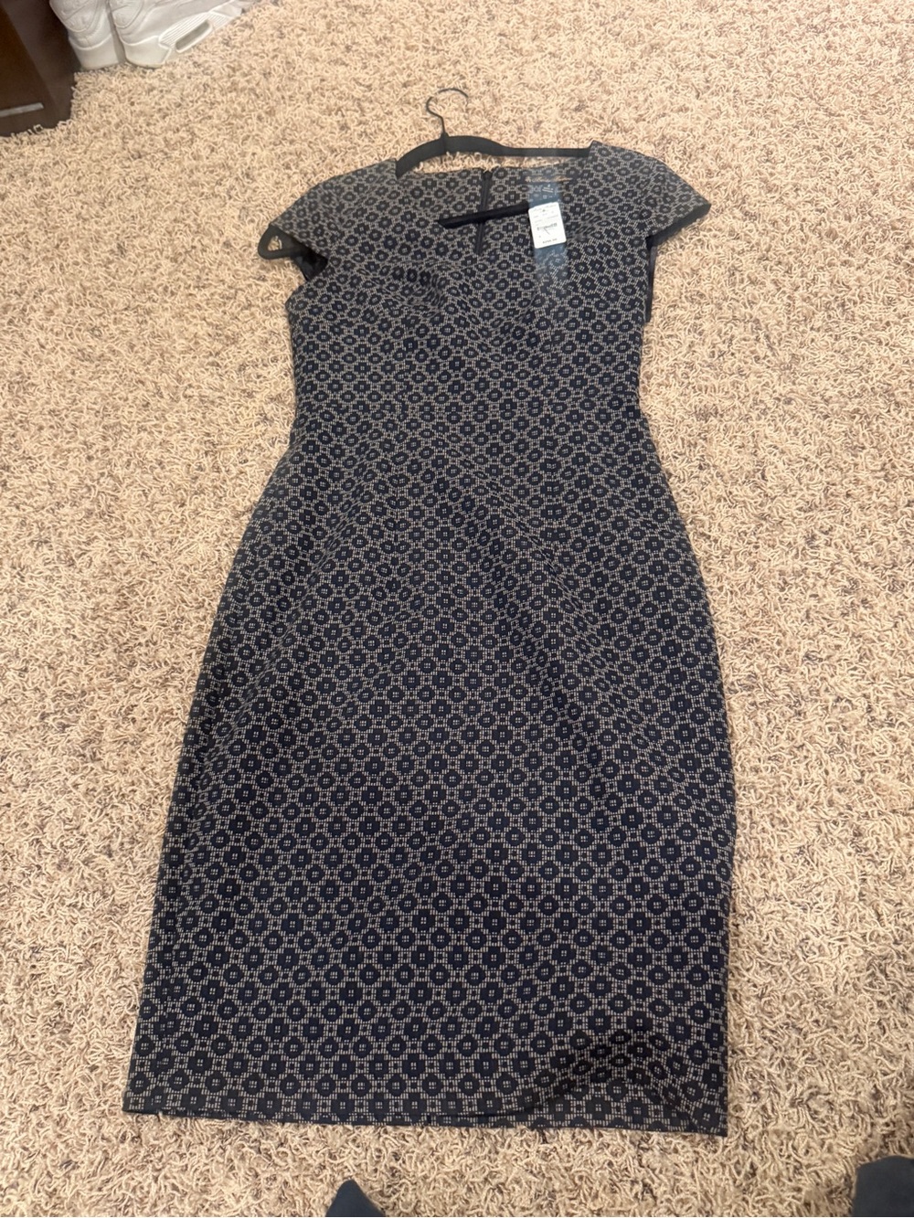 Brooks Brothers Navy and Cream Geometric Cap-Sleeve Midi Dress